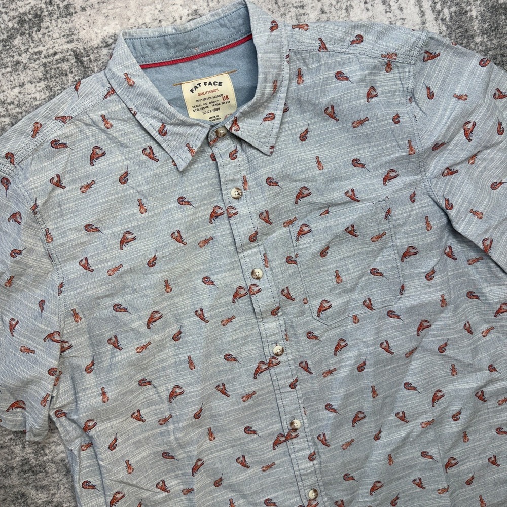 Fat Face Shirt Mens XL Blue Lobster Shrimp Seafood Motif Coastal Beach Button Up